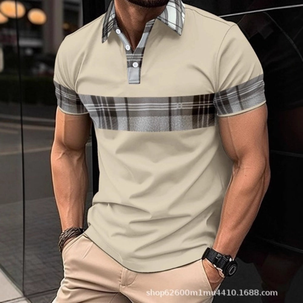 New Cross-Border Summer New Men's Short Sleeve Polo Shirt High-End Print Color-Block Turn-Down Collar Polo Shirt