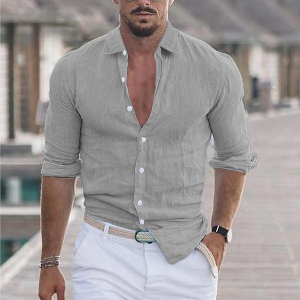 New Men's Summer Linen Flip Collar Beach Shirt Long Sleeve Solid Color Hawaiian Holiday Outfit