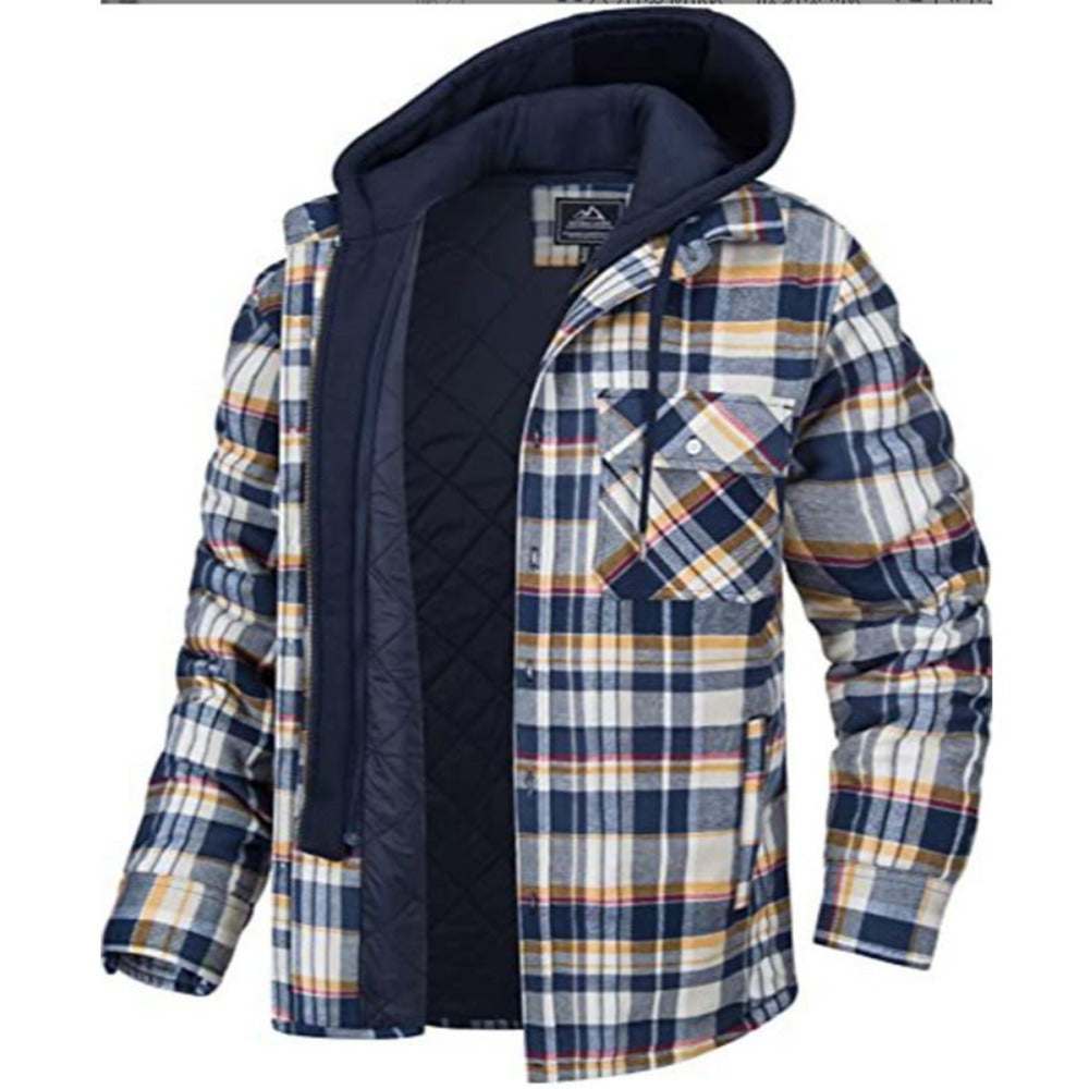 Men's Thick Plaid Long-Sleeve Hooded Padded Jacket