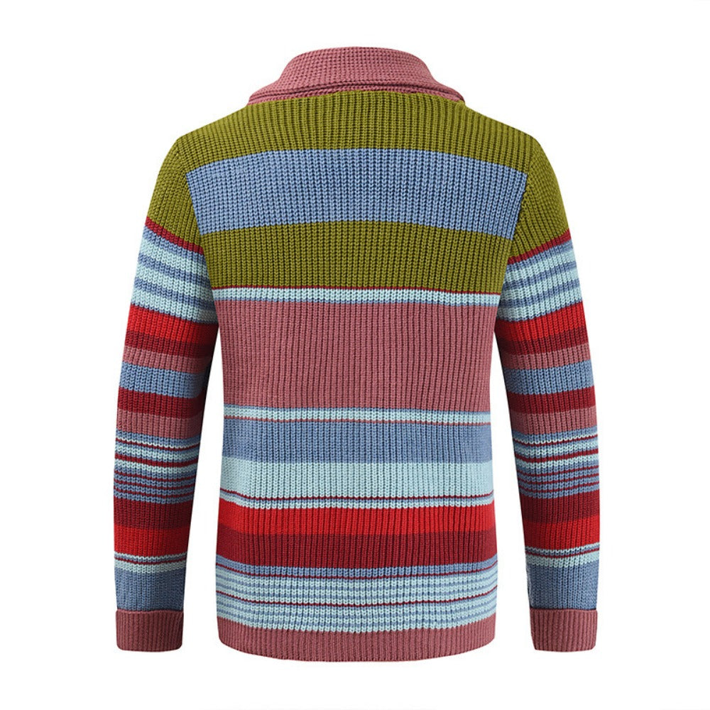 Men’s Knitted Cardigan with Lapel Contrast Color Thickened Winter Sweater