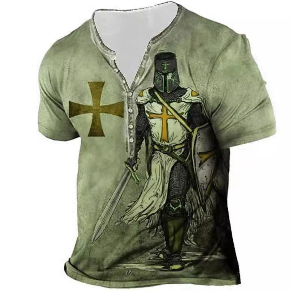 Summer New Men's 3D Digital Print Seven-Button V-Neck Short-Sleeve T-Shirt