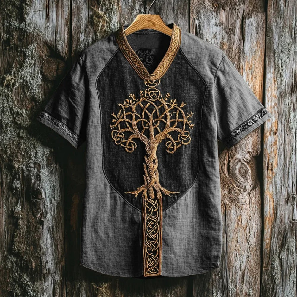 Summer Men's Linen Loose Fit Round-Neck Ethnic 3D Digital Print T-Shirt