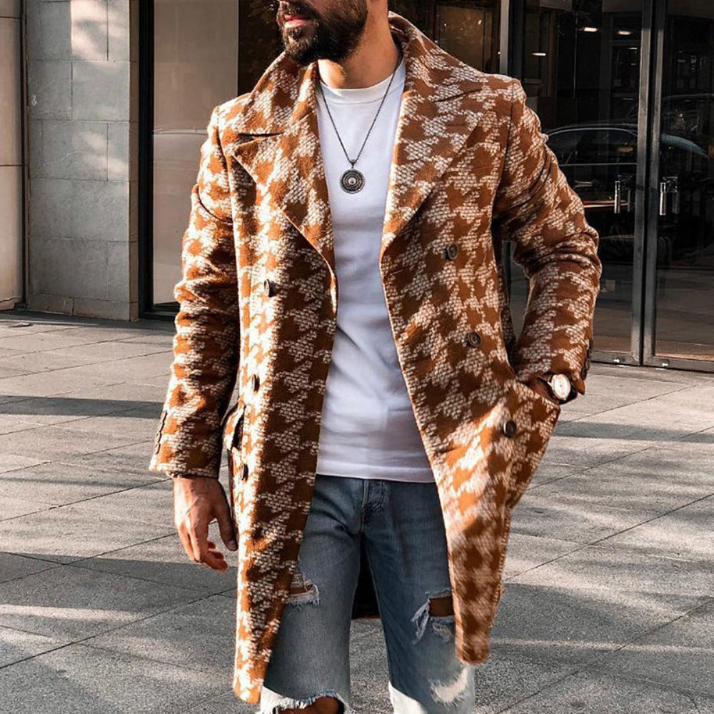 Men’s Printed Wool Blend Overcoat – Mid-Length Double-Breasted Winter Jacket