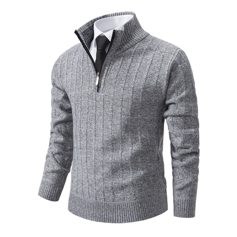 New Men's Half-Zip Pullover Knitted Sweater with Fleece Lining, Thickened Warm Base Layer