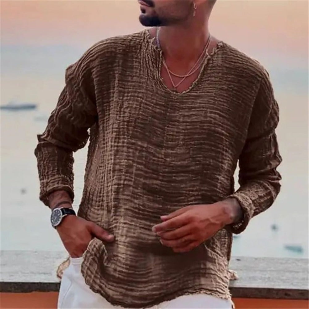 Youth Washed Distressed V-Neck Linen Long-Sleeve Shirt with Frayed Hem