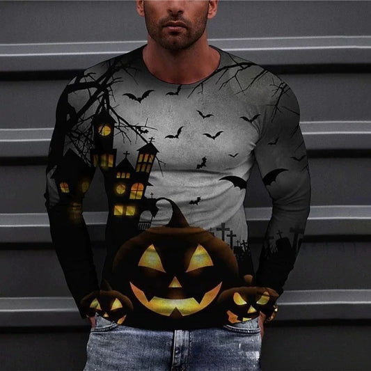 Men's Skeleton Print Round-Neck Long-Sleeve Streetwear Casual Tee