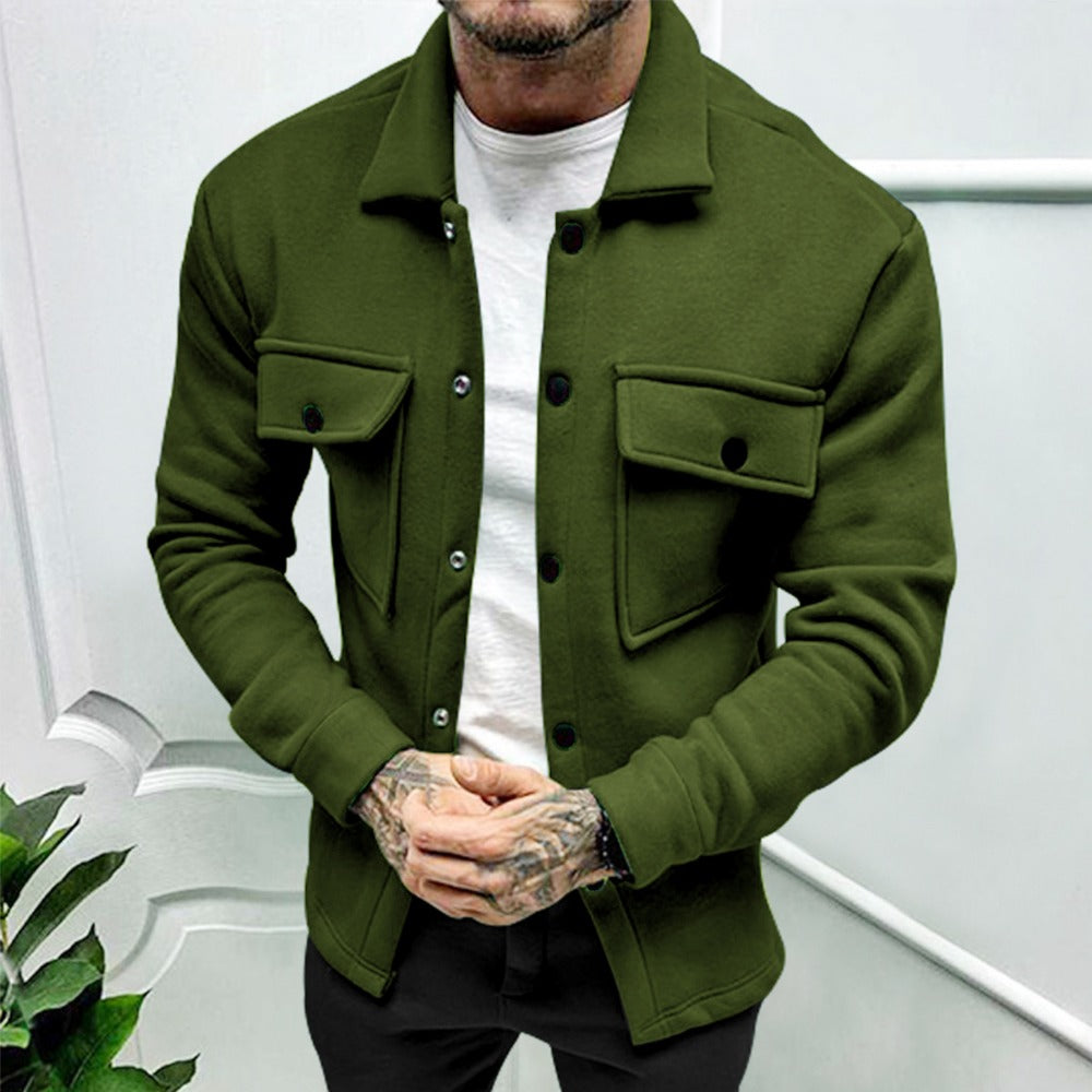 Men’s Fashion Casual Button Pocket Fleece Jacket Long Sleeve Solid Color Outerwear