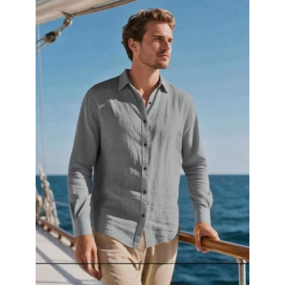 Men's Linen Cuban Collar Long Sleeve Shirt Men's Autumn New Linen Jacket