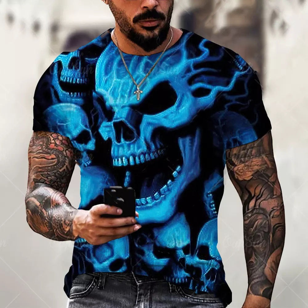 Summer Skull 3D Print Hip-Hop Trendy Short-Sleeve Casual Tee