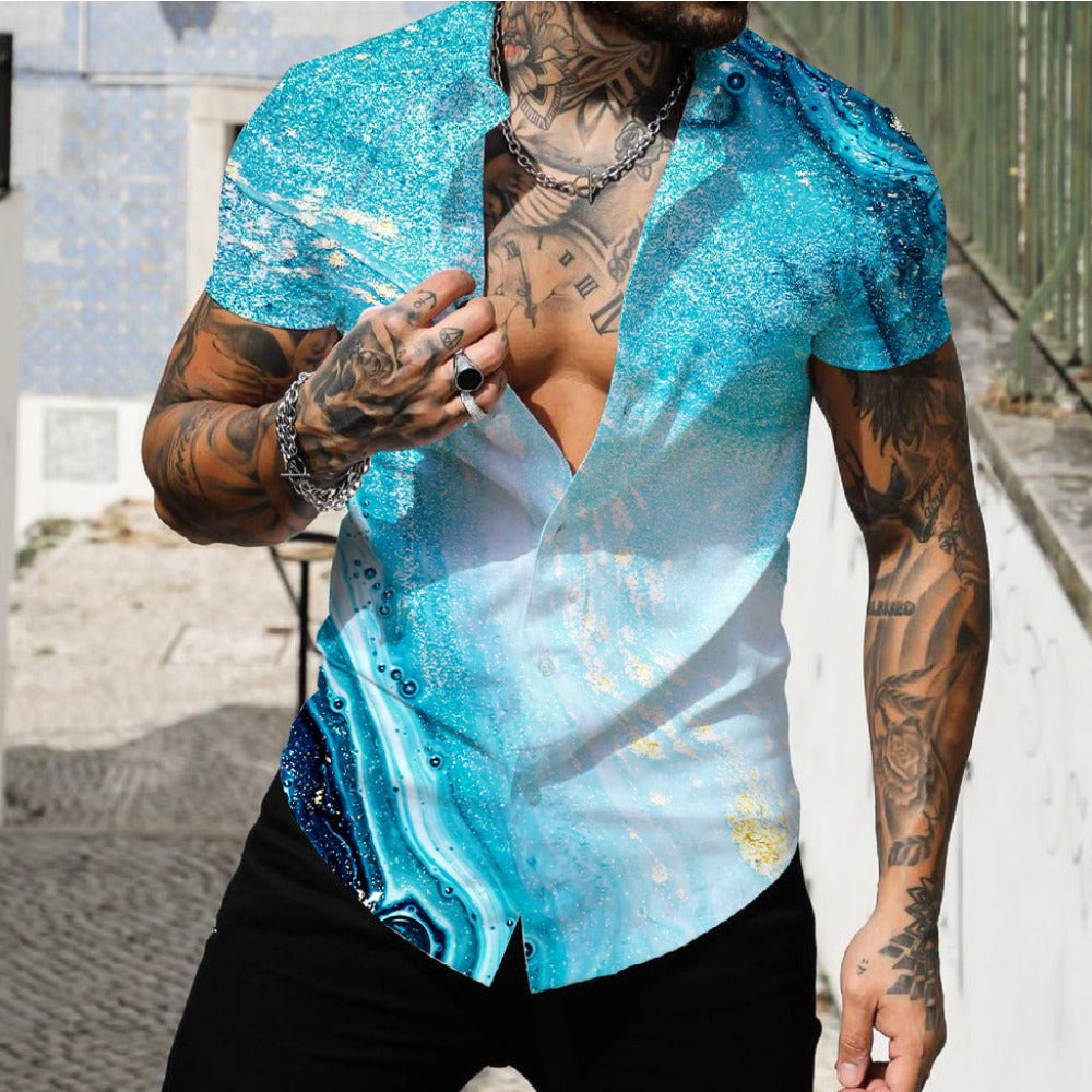 Beach Surf Men's Shirt 3D Digital Geometric Hawaiian Print Muscle Short Sleeve