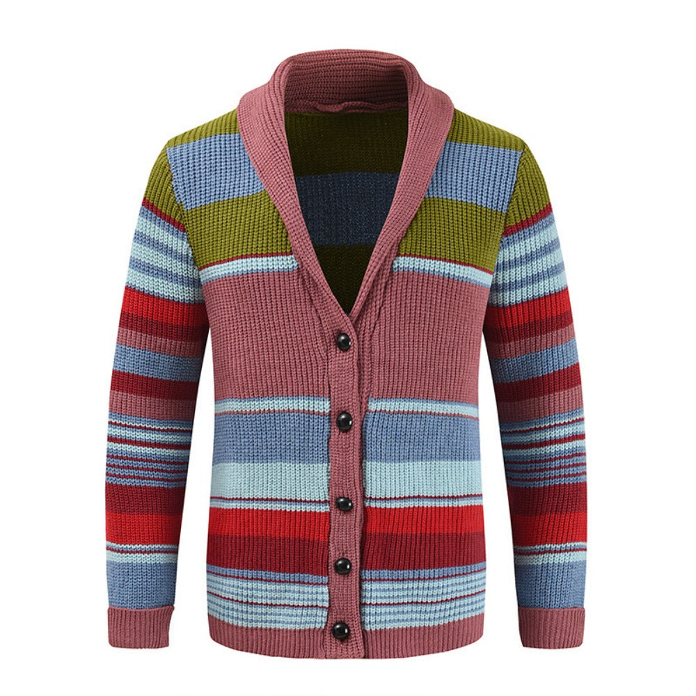 Men’s Knitted Cardigan with Lapel Contrast Color Thickened Winter Sweater