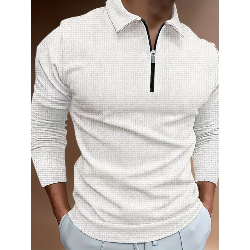 Autumn New 3D Print Plaid Men's Casual Long Sleeve Zipper Polo Shirt