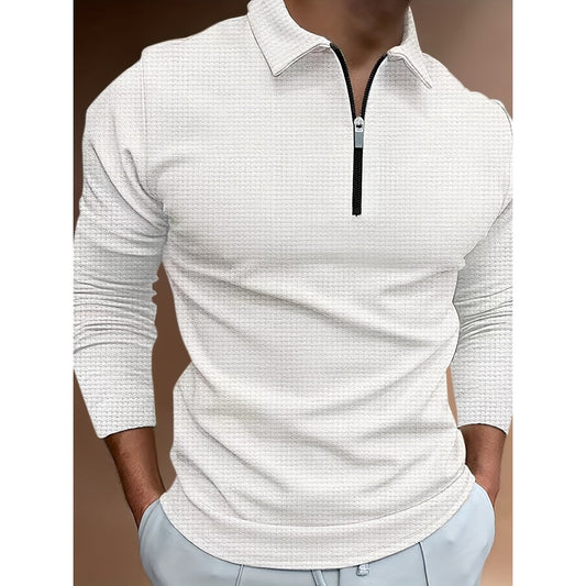 Autumn New 3D Print Plaid Men's Casual Long Sleeve Zipper Polo Shirt
