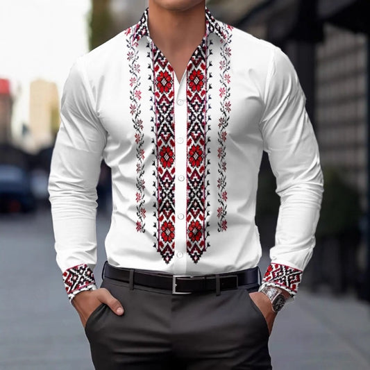 New Men's Long Sleeve Shirt Best-Seller Print Men's Shirt Ethnic Flip Collar Button Casual