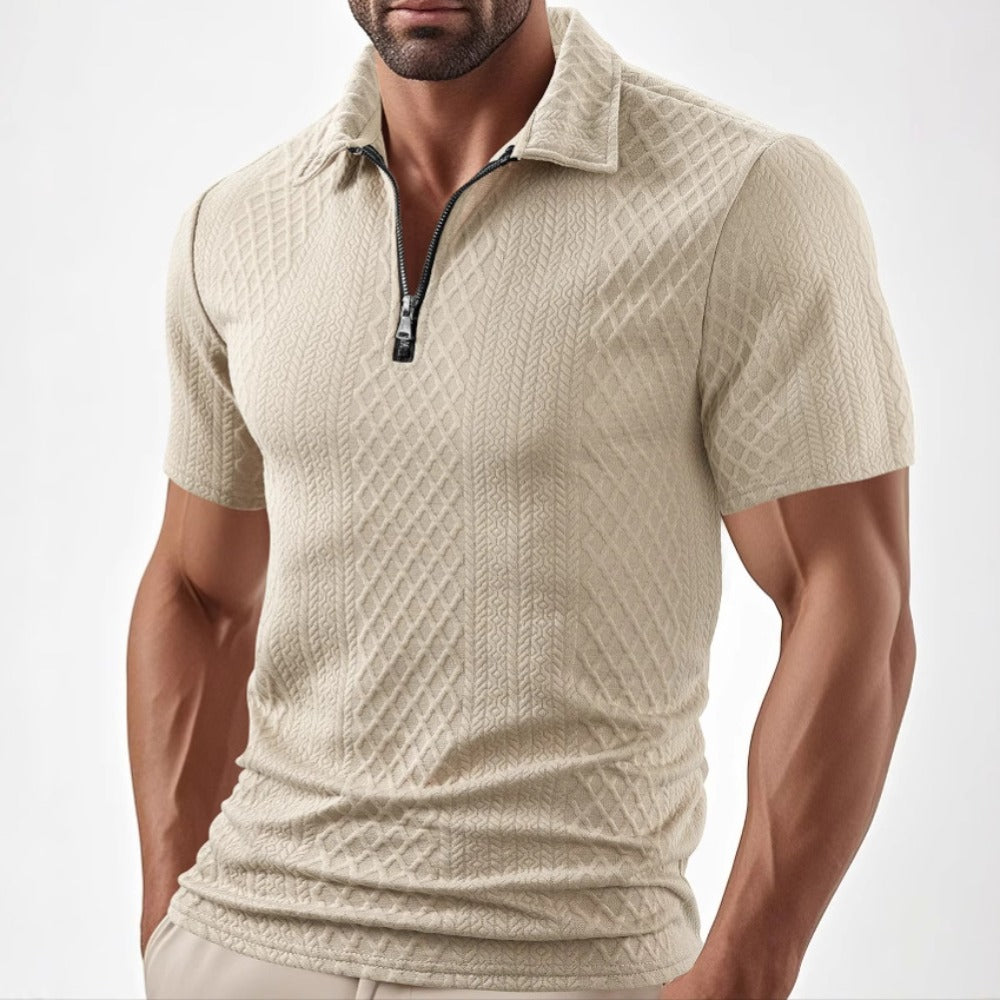 Men's Wear New Casual Polo Zipper Turn-Down Collar Shirt Solid Color Short Sleeve Business Slim Fit