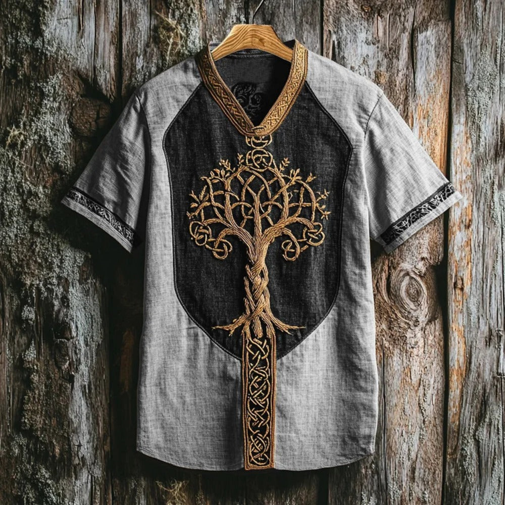 Summer Men's Linen Loose Fit Round-Neck Ethnic 3D Digital Print T-Shirt