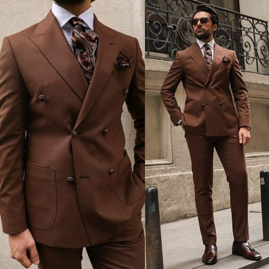 Brown Peak Lapel DoubleBreasted Groom's Formal Tailcoat Set