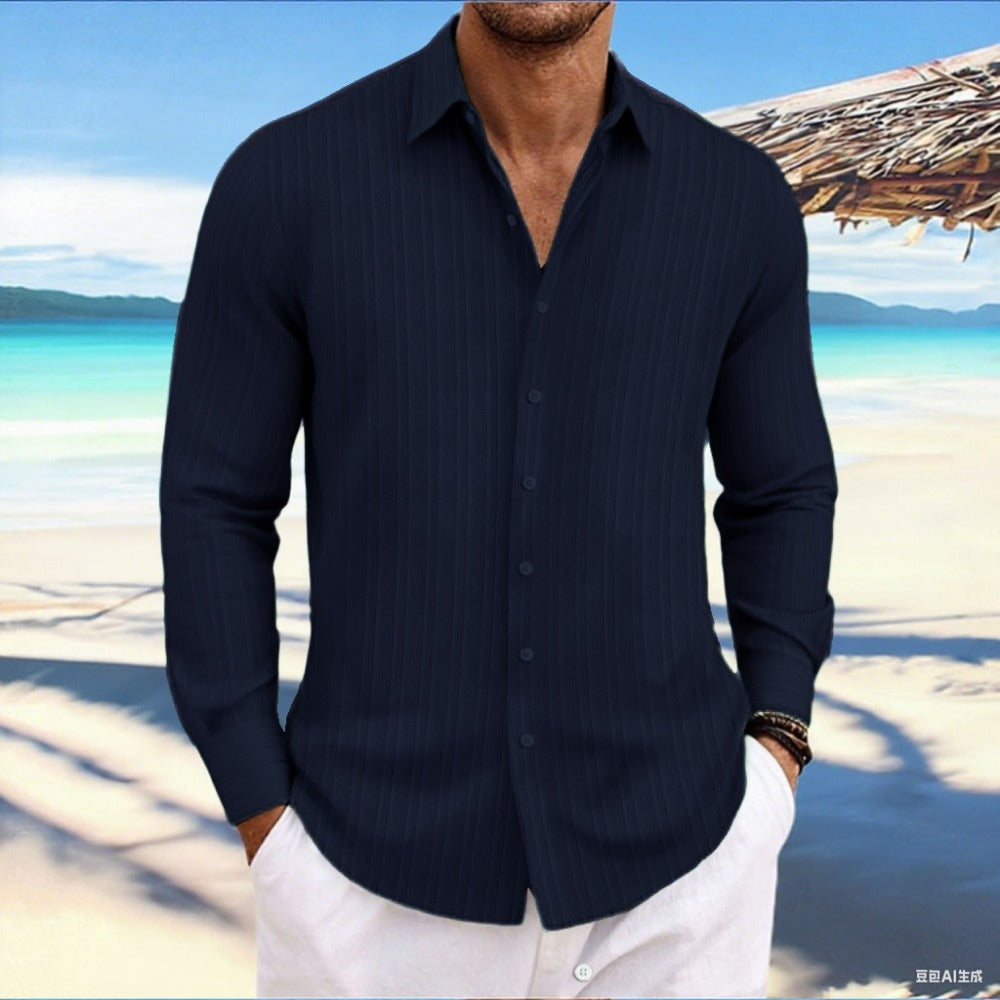 Best-Seller AliExpress New Men's Linen Stripe Jacquard Casual Loose Long Sleeve Shirt
