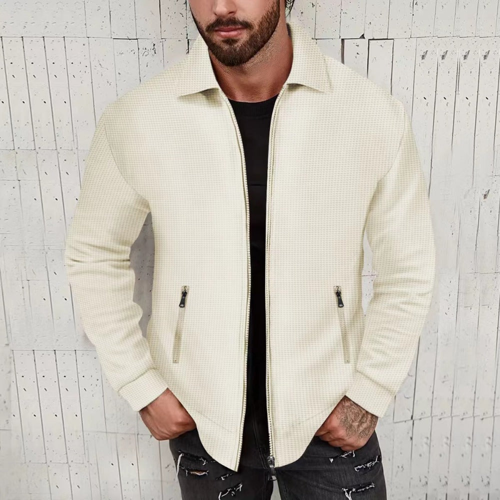 Men’s Waffle Knit Zip-Up Jacket – Casual Streetwear Lightweight Outerwear