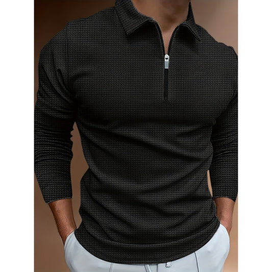 Autumn New 3D Print Plaid Men's Casual Long Sleeve Zipper Polo Shirt