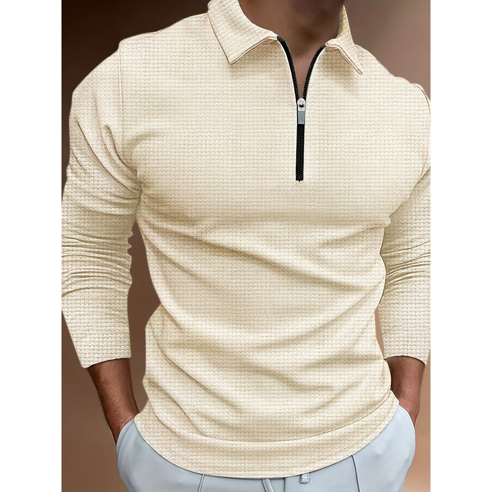 Autumn New 3D Print Plaid Men's Casual Long Sleeve Zipper Polo Shirt