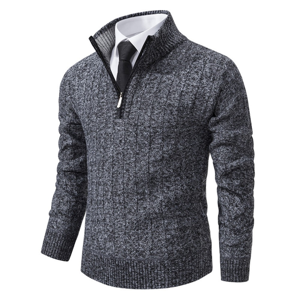New Men's Half-Zip Pullover Knitted Sweater with Fleece Lining, Thickened Warm Base Layer