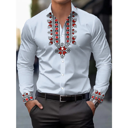 New Men's Long Sleeve Shirt Best-Seller Print Men's Shirt Ethnic Flip Collar Button Casual