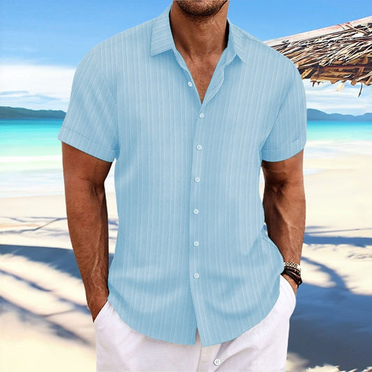 Solid Color Jacquard Wave Stripe Short Sleeve Shirt Men's Daily Casual Open Front