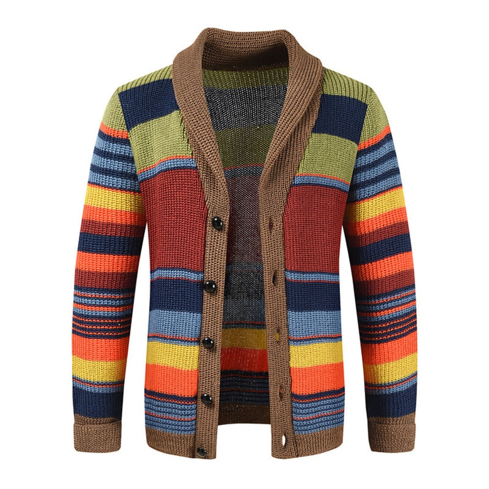 Men’s Knitted Cardigan with Lapel Contrast Color Thickened Winter Sweater
