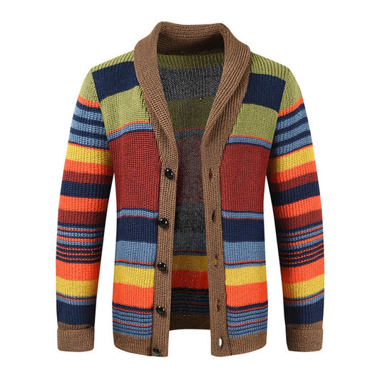 Men’s Knitted Cardigan with Lapel Contrast Color Thickened Winter Sweater
