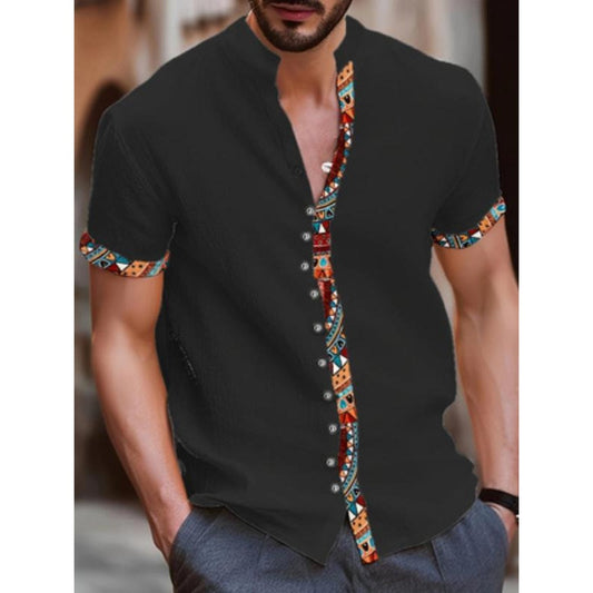 Men's Contrast Trim Tribal Print Vintage Short Sleeve Shirt