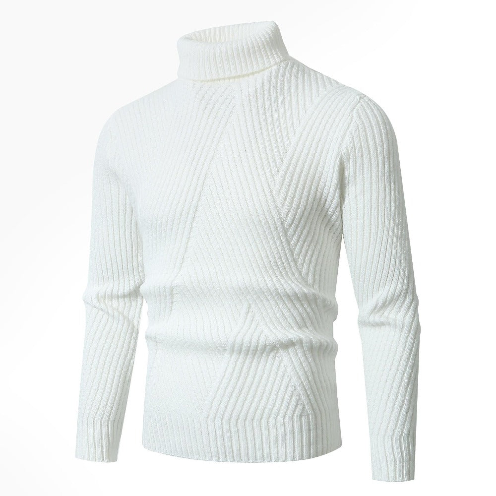 Men’s High-Neck Sweater – Slanted Pattern Youth Solid Color Slim Fit Warm Knitwear