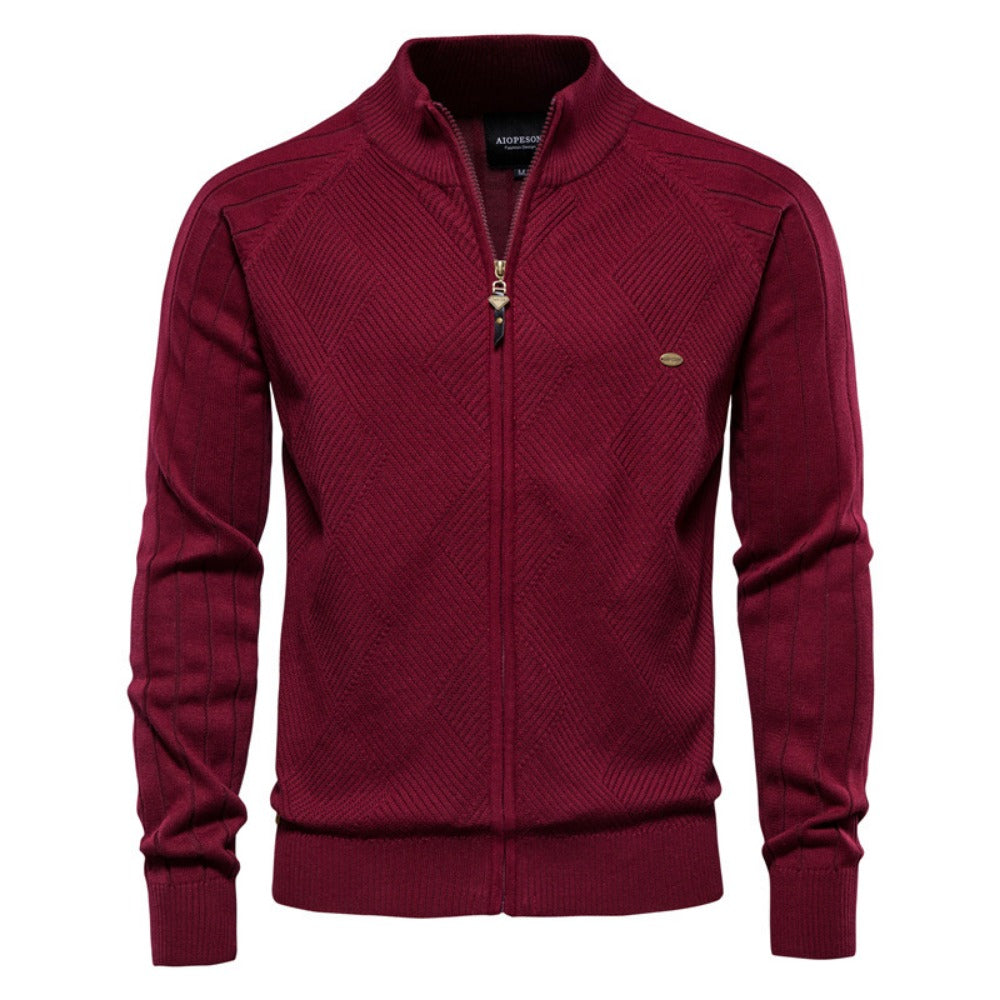 2025 Fall & Spring Men’s Cardigan Sweater - Solid Color Ribbed Collar Knit Pullover, Casual High Neck