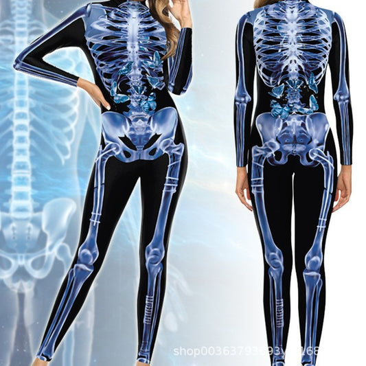Halloween Tight-Fit Skeleton Jumpsuit with 3D Digital Print
