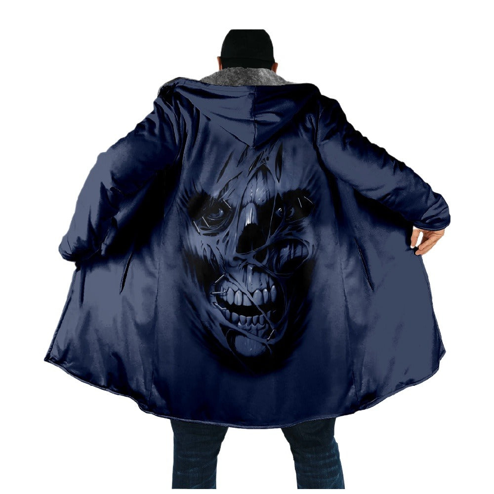 Skull Hooded Cape Button-Up 3D Print Fleece-Lined Trench Coat