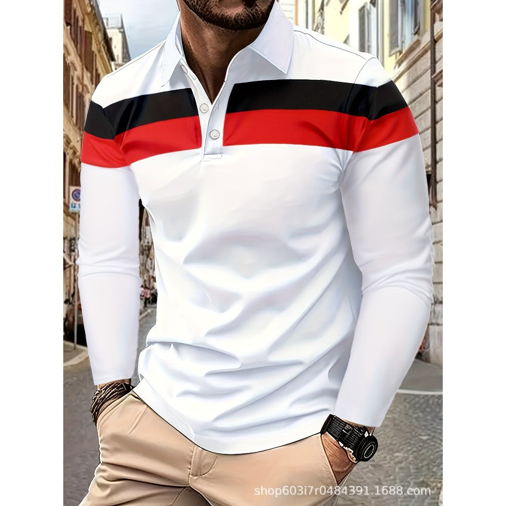 New Men's Casual Polo Shirt Long Sleeve 3D Print Spring Autumn Style Turn-Down Collar Top