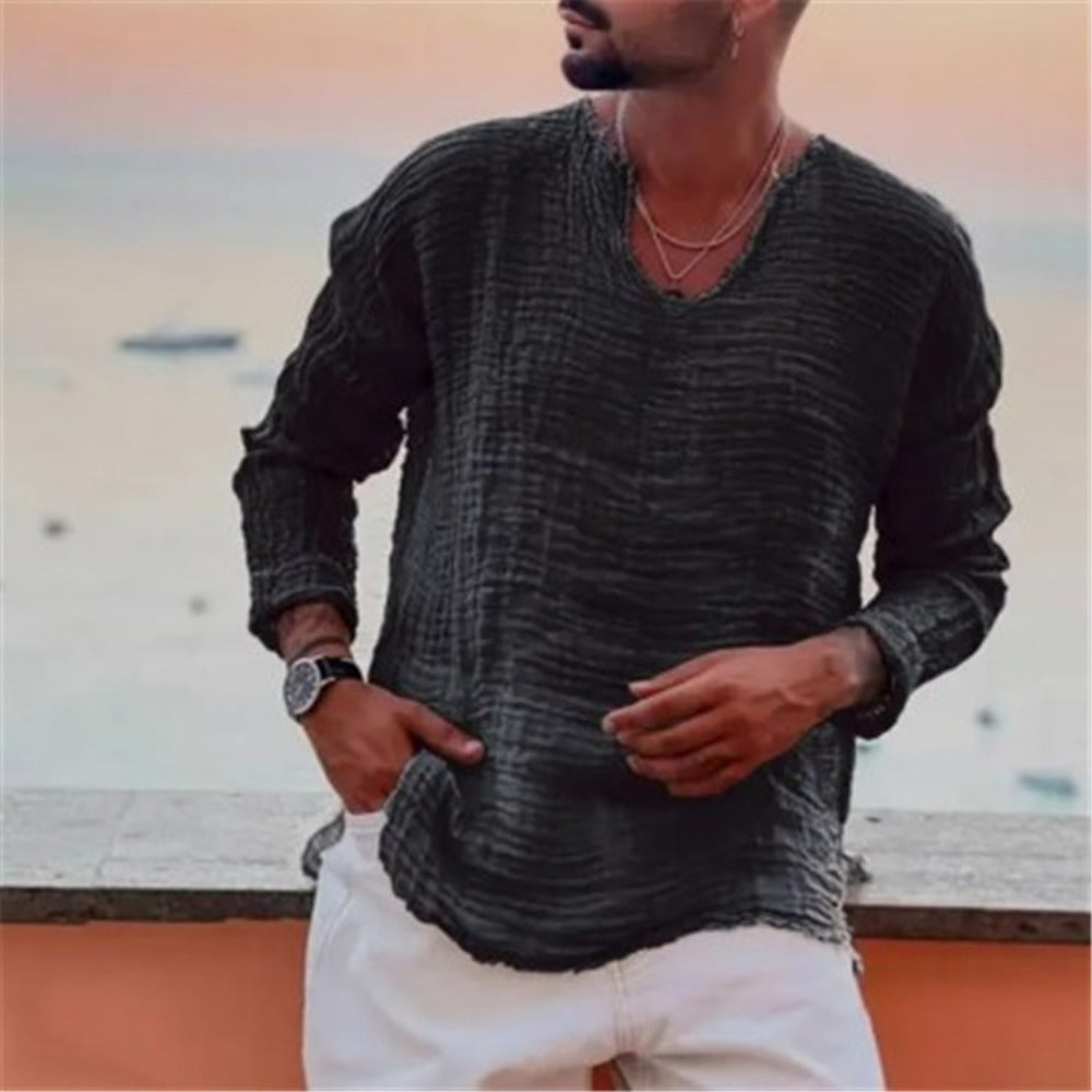 Youth Washed Distressed V-Neck Linen Long-Sleeve Shirt with Frayed Hem