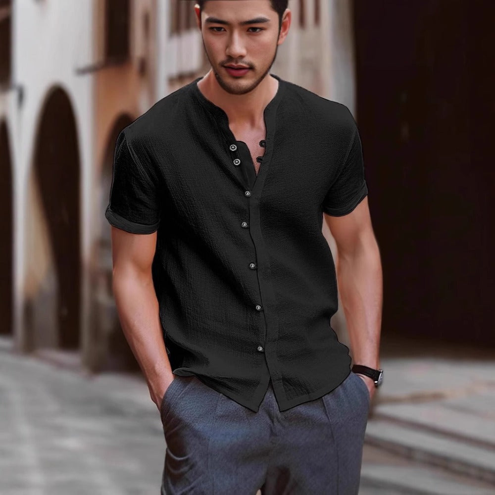 Men's Shirt New Best-Seller Fashion Linen Vintage Button Casual Short Sleeve Shirt
