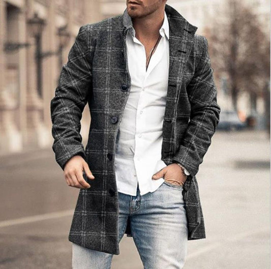 New Men's Wool Blend Printed Long Lapel Jacket