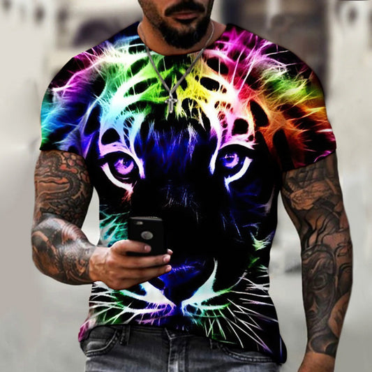 Hot New Men's 3D Digital Print Black Cat Round-Neck Short-Sleeve Tee