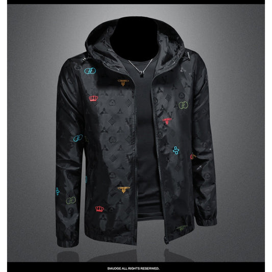 New Men's Color-Block Hooded Embroidered Jacket