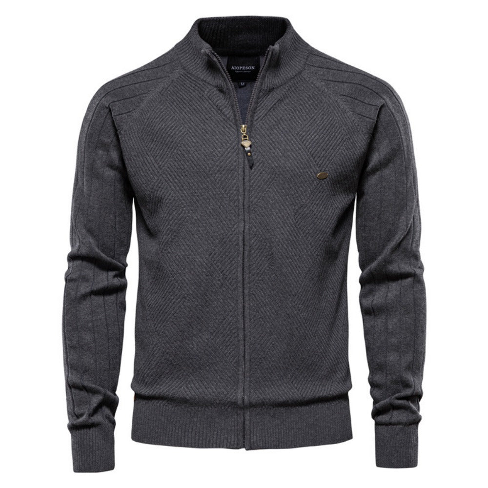 2025 Fall & Spring Men’s Cardigan Sweater - Solid Color Ribbed Collar Knit Pullover, Casual High Neck