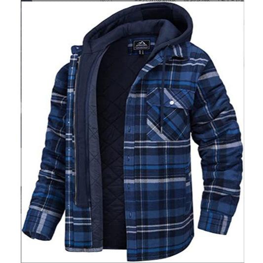 Men's Thick Plaid Long-Sleeve Hooded Padded Jacket