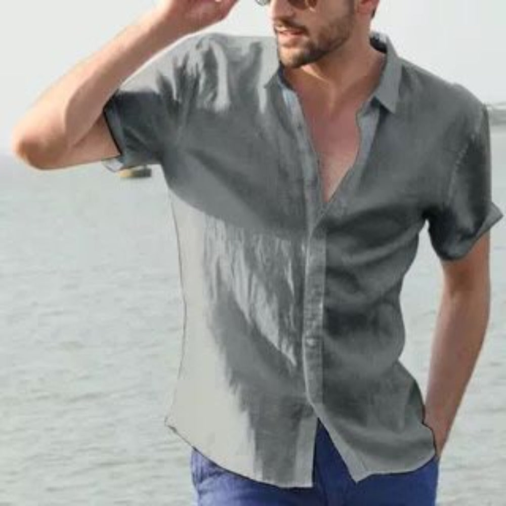 Summer Solid Color Linen Shirt Men's Thin New Short Sleeve Linen Shirt Trendy Beachwear