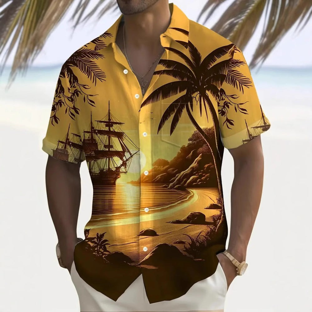 Summer Men's Casual Trendy Vintage Hawaiian Beach Short Sleeve Shirt 3D Digital Print