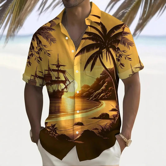 Summer Men's Casual Trendy Vintage Hawaiian Beach Short Sleeve Shirt 3D Digital Print