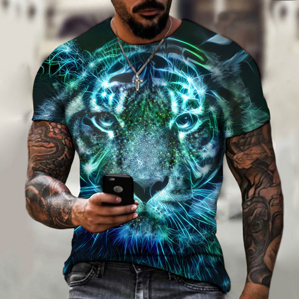 Hot New Men's 3D Digital Print Black Cat Round-Neck Short-Sleeve Tee