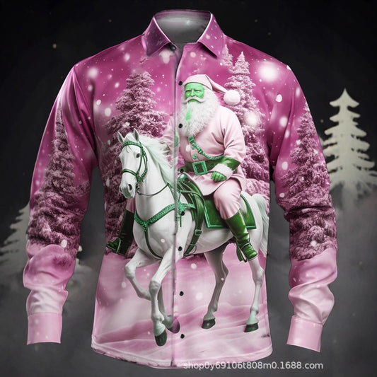 New Plus Size Men's 3D Christmas Print Slim Fit Men's Christmas Print Long Sleeve Shirt Fashion