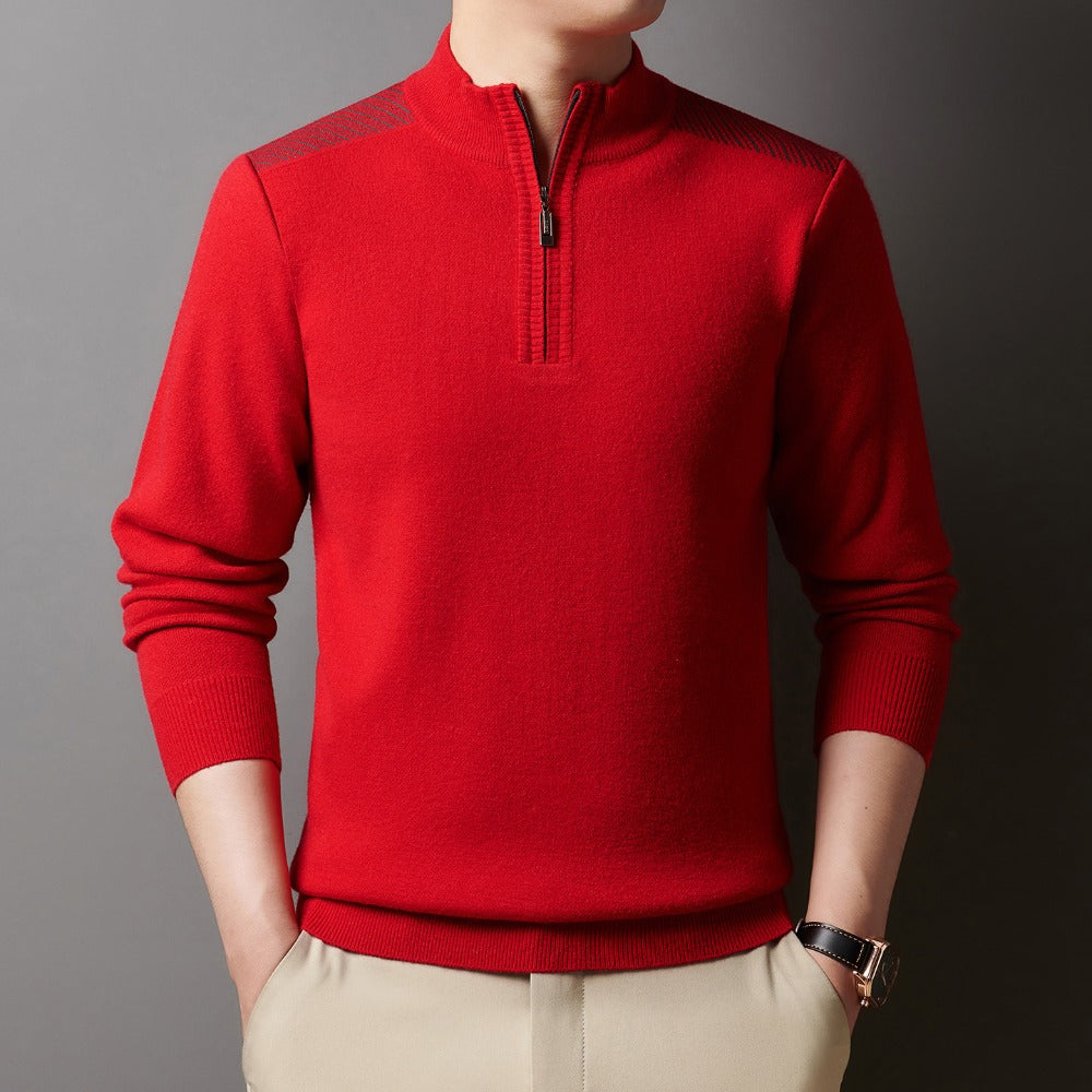 Stand-Up Collar Zipper Knit Sweater for Men – Casual Solid Color Pullover
