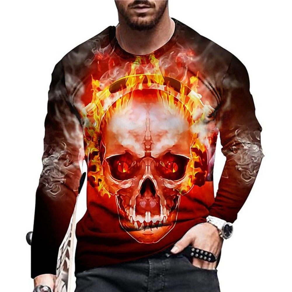 Skeleton Head 3D Digital Print Long-Sleeve Round-Neck Men's T-Shirt